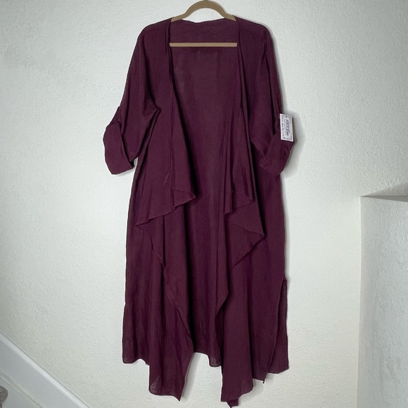 Made In Italy100% Linen NWT Roll Tab Draped Open Long Overlay One Size Burgundy - Picture 1 of 13
